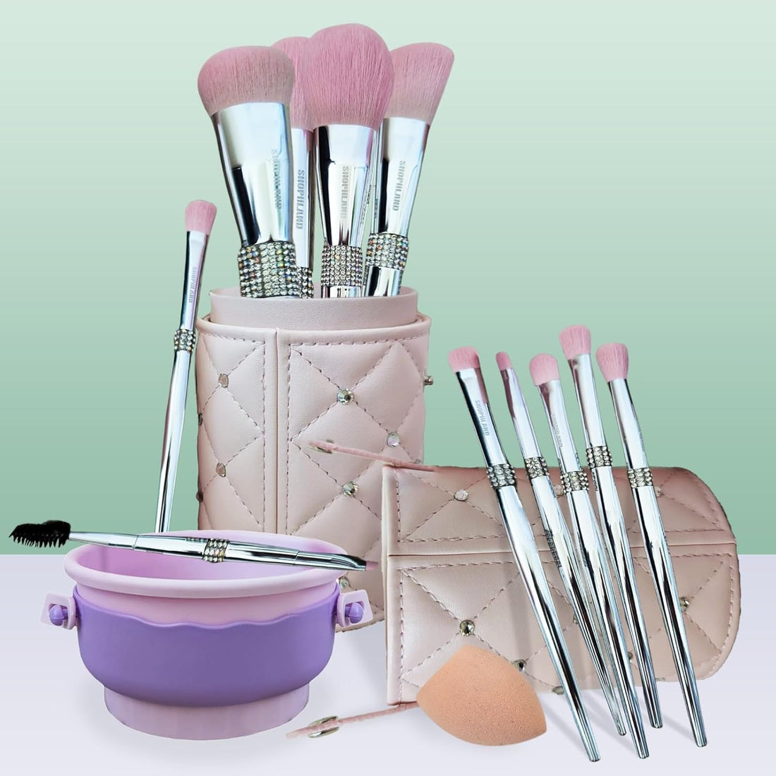 Makeup Brush Set Professional 11 Pieces with Case & Cleaning Mat Soft Vegan .