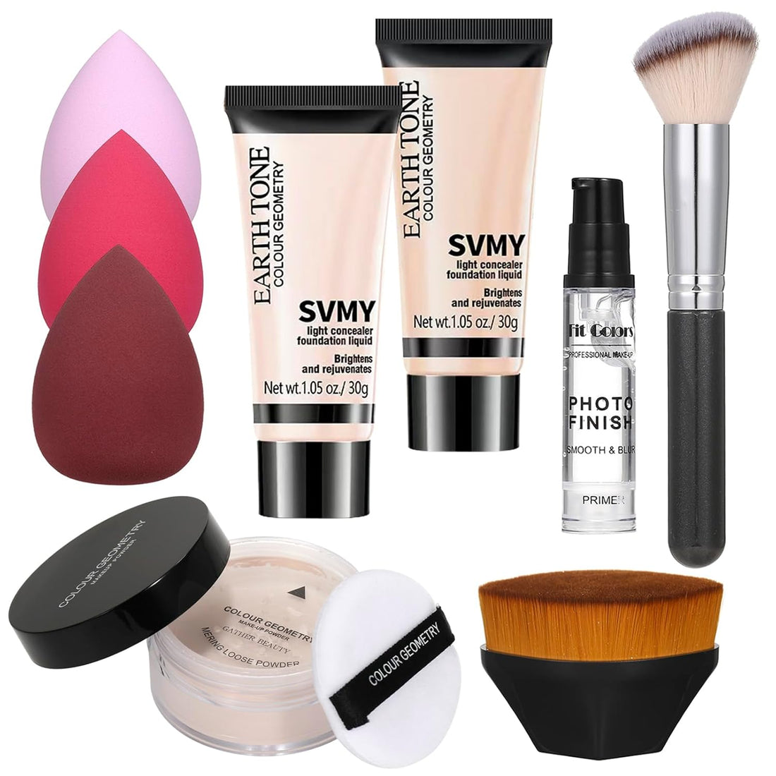 Foundation Kit Full Coverage Foundation Primer Powder Makeup Set Kabuki Makeup Brushes Foundation.