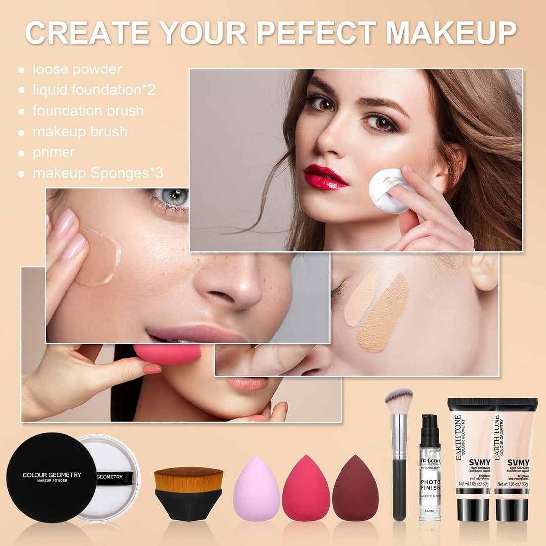 Foundation Kit Full Coverage Foundation Primer Powder Makeup Set Kabuki Makeup Brushes Foundation.