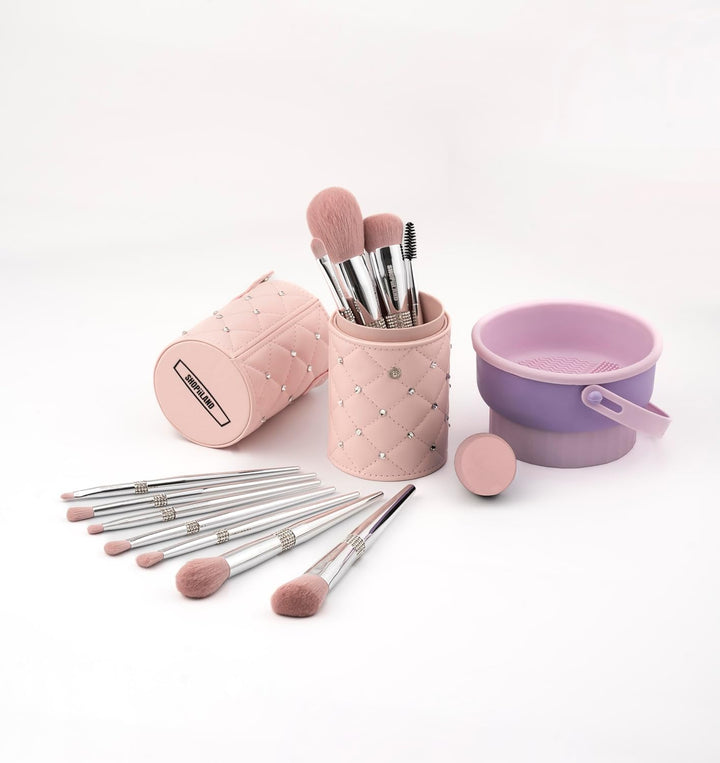 Makeup Brush Set Professional 11 Pieces with Case & Cleaning Mat Soft Vegan .