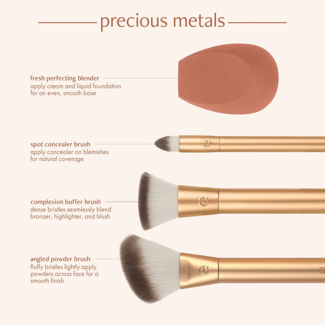 Precious Metals Face Blend + Sculpt Kit, Face Makeup Brushes, 4 Piece Set