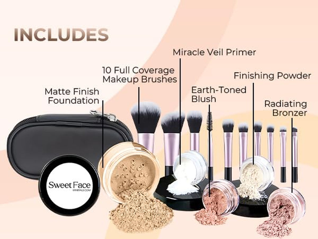 16Pc STARTER KIT with 10 BRUSHES SET (WARM) Mineral Makeup Bare Face Loose Powder Includes Matte Foundation.