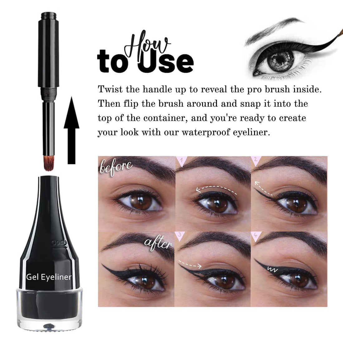 2-In-1 Gel Eyeliner Set, Tattoo Eyeliner Waterproof Smudge Proof Gel Cream Eye.