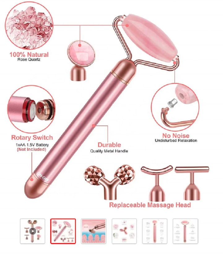 Innotech 5-In-1 24K Gold Beauty Bar Face Massager Electric Vibrating Rose Quartz 3D Roller Face Lifting Body Facial Gua Sha Jade Roller