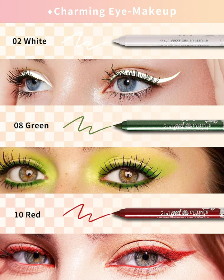 White Green Red Gel Eyeliner Pencil-3Pcs Multi-Use Colored Gel Eye Liner Eyeshadow Pen.