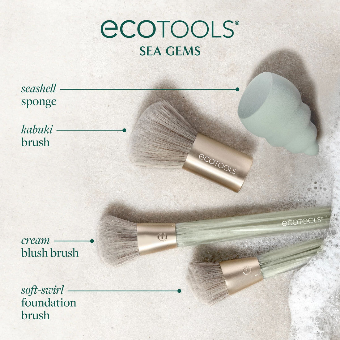 Sea Gems Face Makeup Brush & Makeup Sponge 4 Piece Set