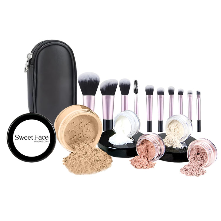 16Pc STARTER KIT with 10 BRUSHES SET (WARM) Mineral Makeup Bare Face Loose Powder Includes Matte Foundation.