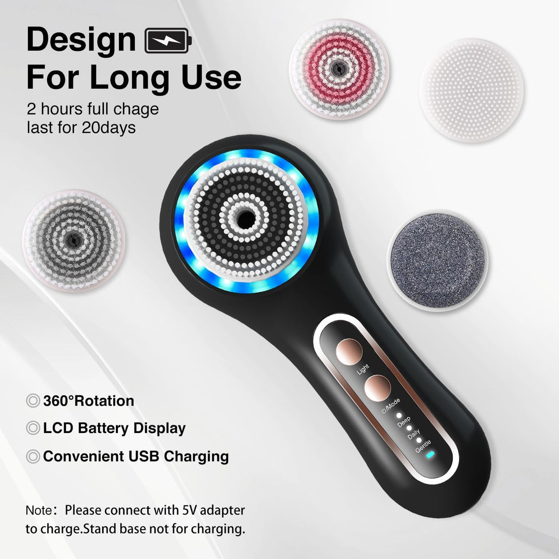 Face Scrubber Exfoliator,Facial Cleansing Brushes Rechargeable IPX7 Waterproof with 5 Brush Heads.
