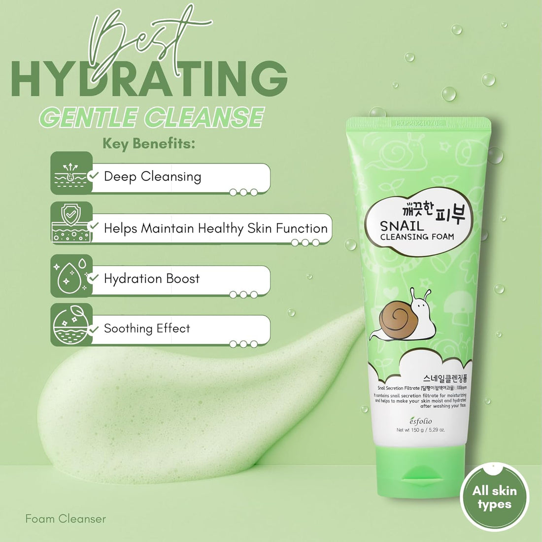 Snail Cleansing Foam – Nourishing Face Wash for Hydrated & Smooth Skin – Korean Skincare with Snail Extract for Deep Pore Cleansing & Anti-Aging – Gentle Foaming Facial Cleanser (5.29Oz-150G)