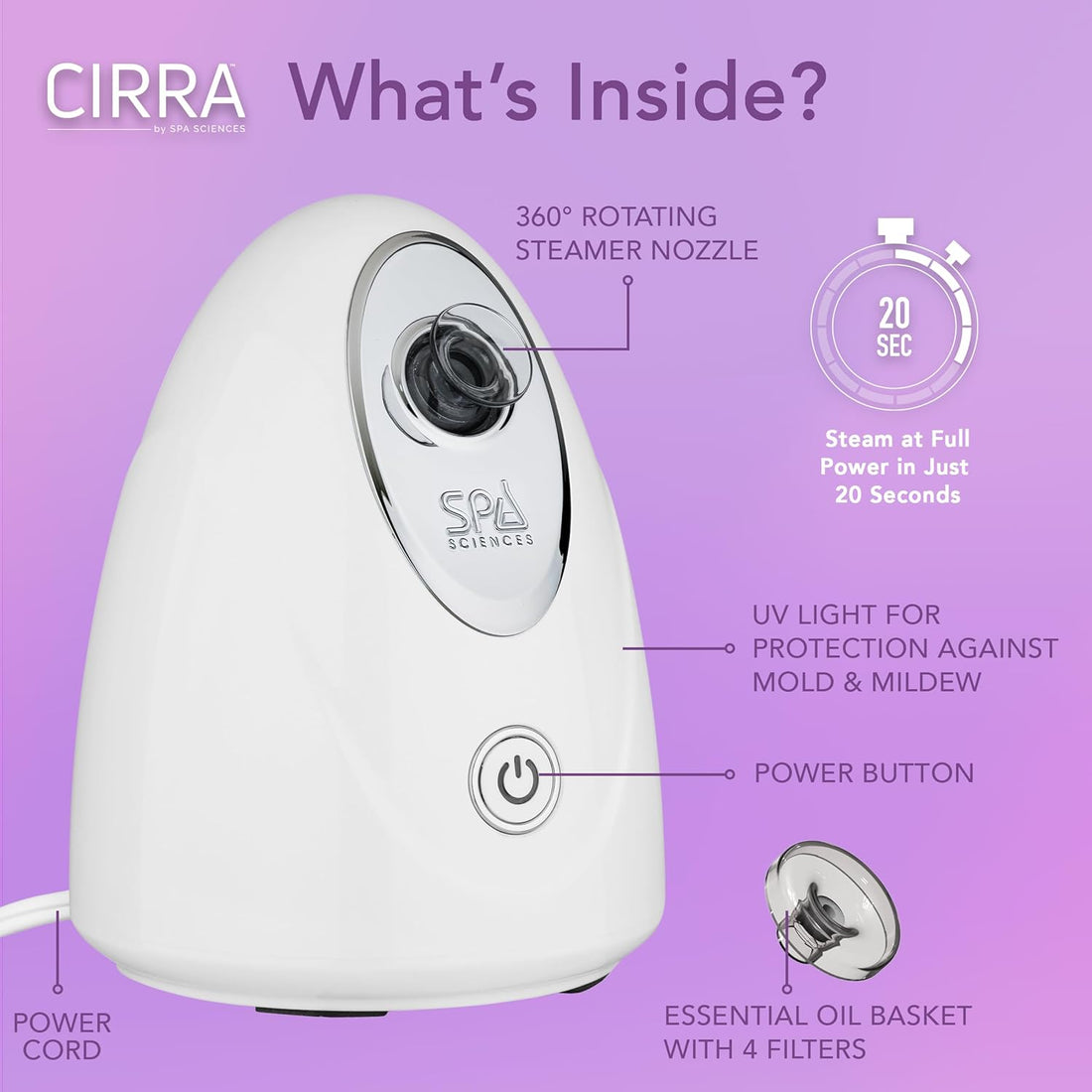 - CIRRA - Nano Ionic Facial Steamer with UVC Sanitizing Protection, Aromatherapy Function, Detox Pores.